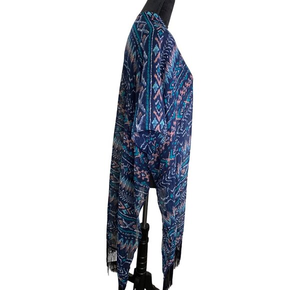 Womens Abstract Tribal Print Kimono Cardigan Wrap With Fringe Boho Fairy Y2K - Picture 2 of 7